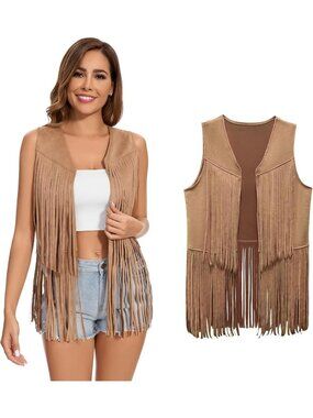 Women's Khaki Fringe Vest 60s 70s Hippie Vest Sleeveless Cowgirl Western Jacket